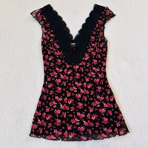 Y2k Dark Floral Lace Trim Mesh Fitted Tank Sz S Small Romantic Goth Fairy Grunge